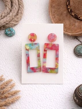 Colorful Rectangle Drop Earrings - Multicolor Resin Women’s Jewelry